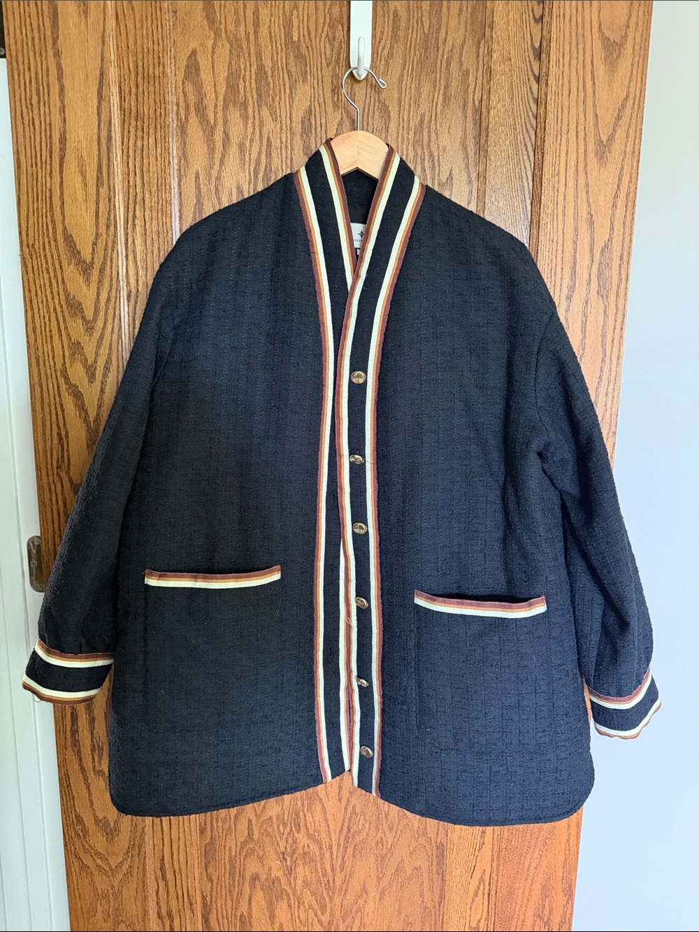 Tuckernuck Black Textured Shawl-Collar Jacket with Cream and Tan Trim